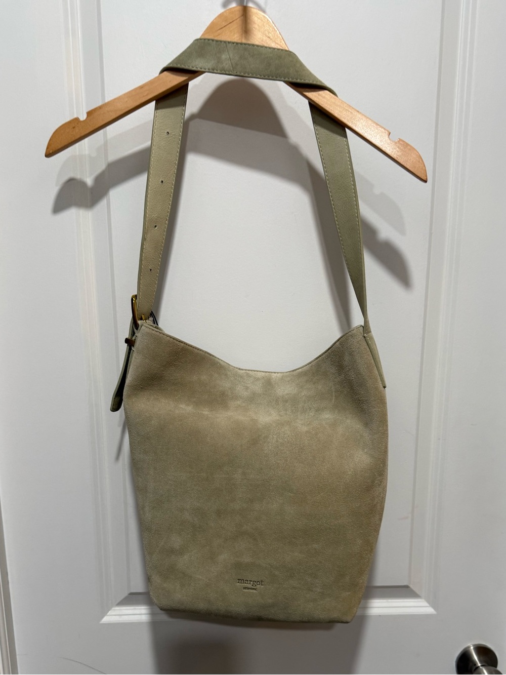 Margot NY Kaye Bucket Suede Leather Neutral Green/Tan Crossbody